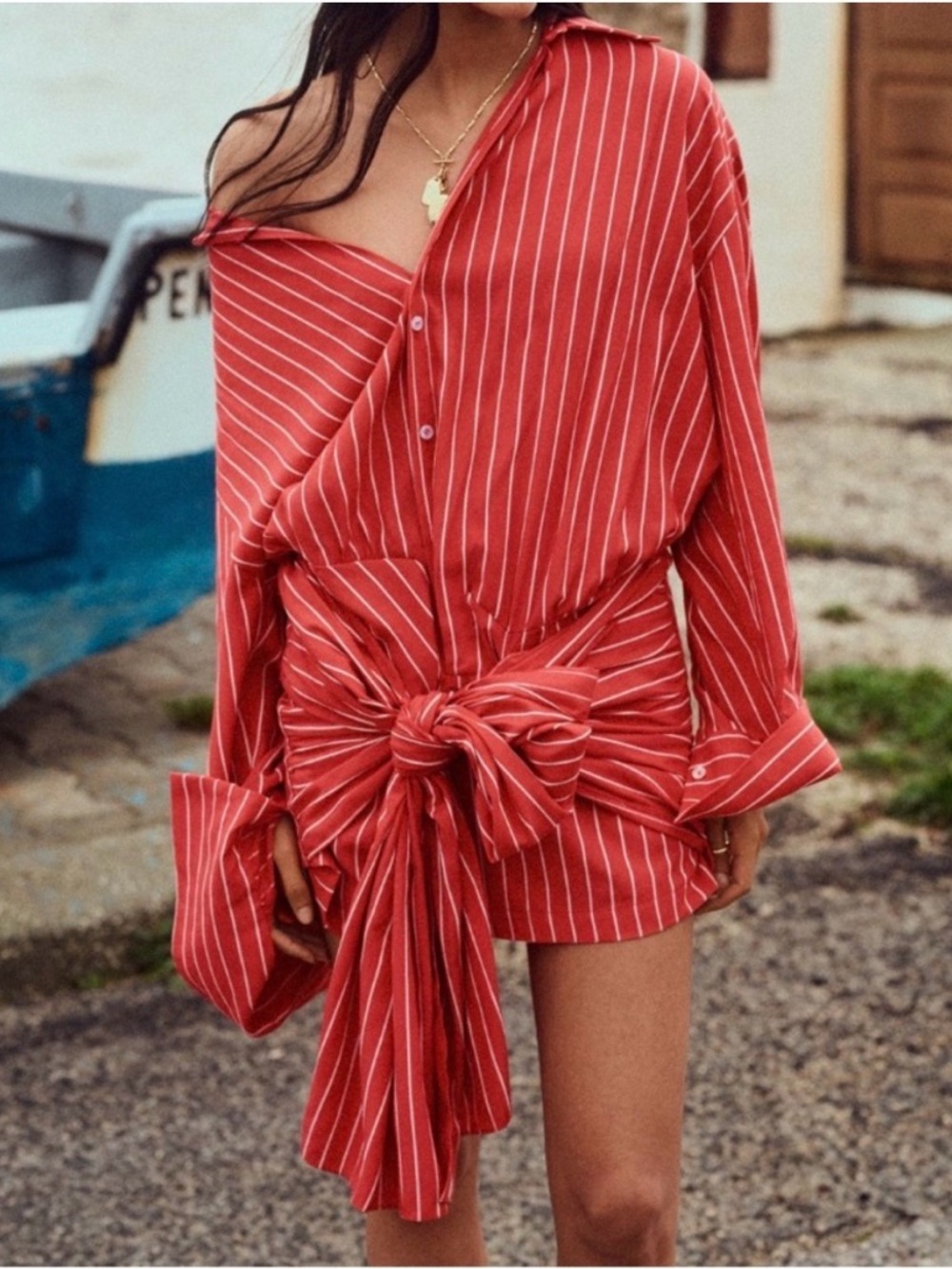 NWT Bardot Anthropologie Malira Red Rouge Striped Shirt Dress Size 2 Long Sleeve